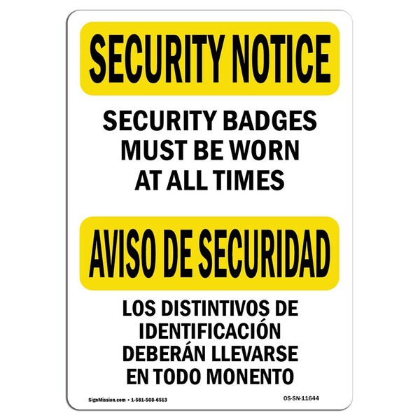 OSHA Security Sign, 3.5" Height, 5" Wide, Security Badges Must Worn Bilingual, Landscape, 10PK
